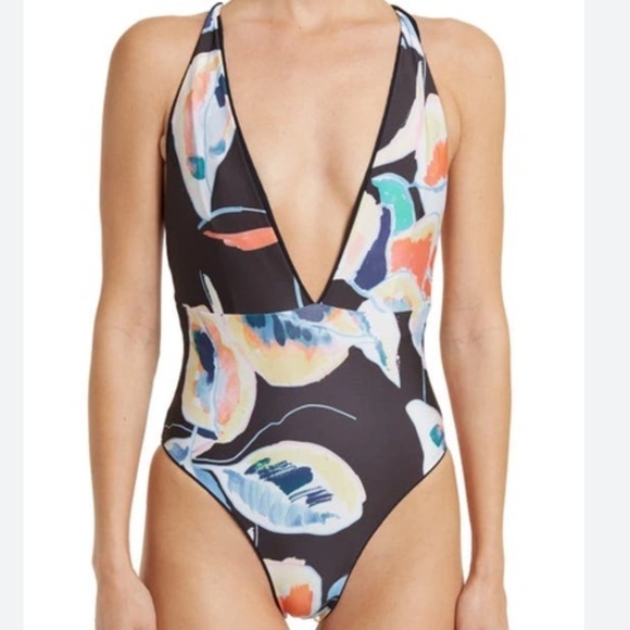 Maaji Womens jungle rainbow plunge v neck reversible tie back one piece swim M - Picture 1 of 13